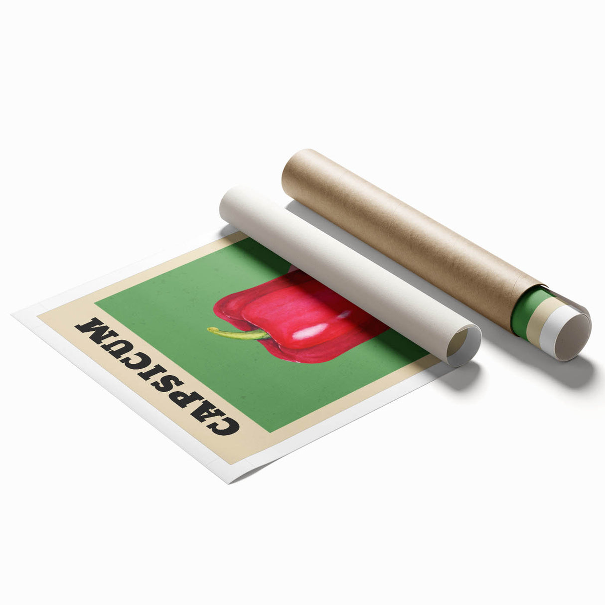 Extra large rolled print featuring an array of vibrant fruits on a light background.