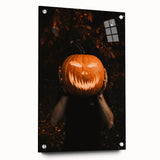 Large abstract wall art on acrylic glass depicting vibrant autumnal hues, suitable for bedroom or dining room decor.