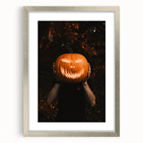 Textured abstract art print in warm autumn hues on a silver-framed canvas, ideal for bedroom decor.