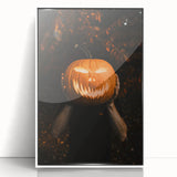 Art deco poster featuring a stylized autumn landscape in orange and brown hues, acrylic print framed in white.