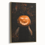 Framed canvas depicting a vintage landscape painting of an autumnal scene with gold and black tones.