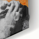 Abstract figurative acrylic artwork displayed in vibrant hues of blue, orange, and yellow, showcasing intricate details and textures that evoke emotion and creativity.