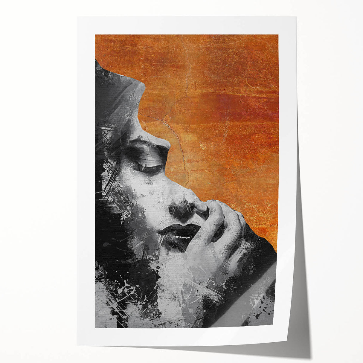 Abstract figurative rolled print showcasing vibrant colors and dynamic shapes, ideal for contemporary decor, presented in a protective cardboard tube.