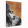 Abstract figurative art canvas showcasing vibrant colors and dynamic forms, highlighting artistic expression ideal for modern decor. Side view reveals the stretched canvas design, emphasizing its textured surface and quality craftsmanship, perfect for enhancing any interior space.