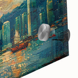 Close-up of an abstract landscape wall art piece featuring vibrant colors and intricate patterns, printed on acrylic glass, perfect for modern home decor.