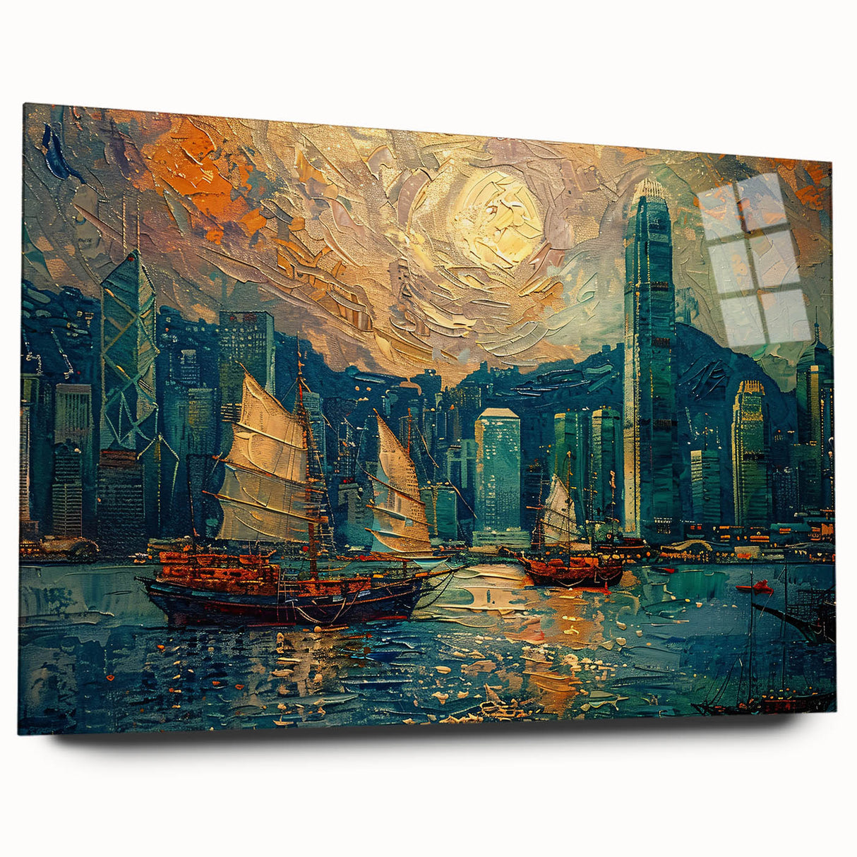 Abstract landscape wall art displayed in a sleek acrylic glass frame, showcasing vibrant colors and fluid patterns, perfect for modern interior decor.