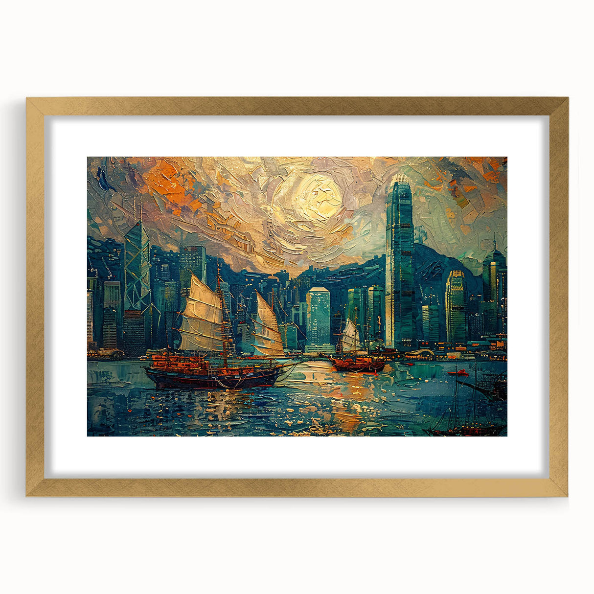 Abstract landscape wall art framed in gold with a mat, showcasing vibrant colors and intricate patterns, perfect for modern home decor and artistic expression.