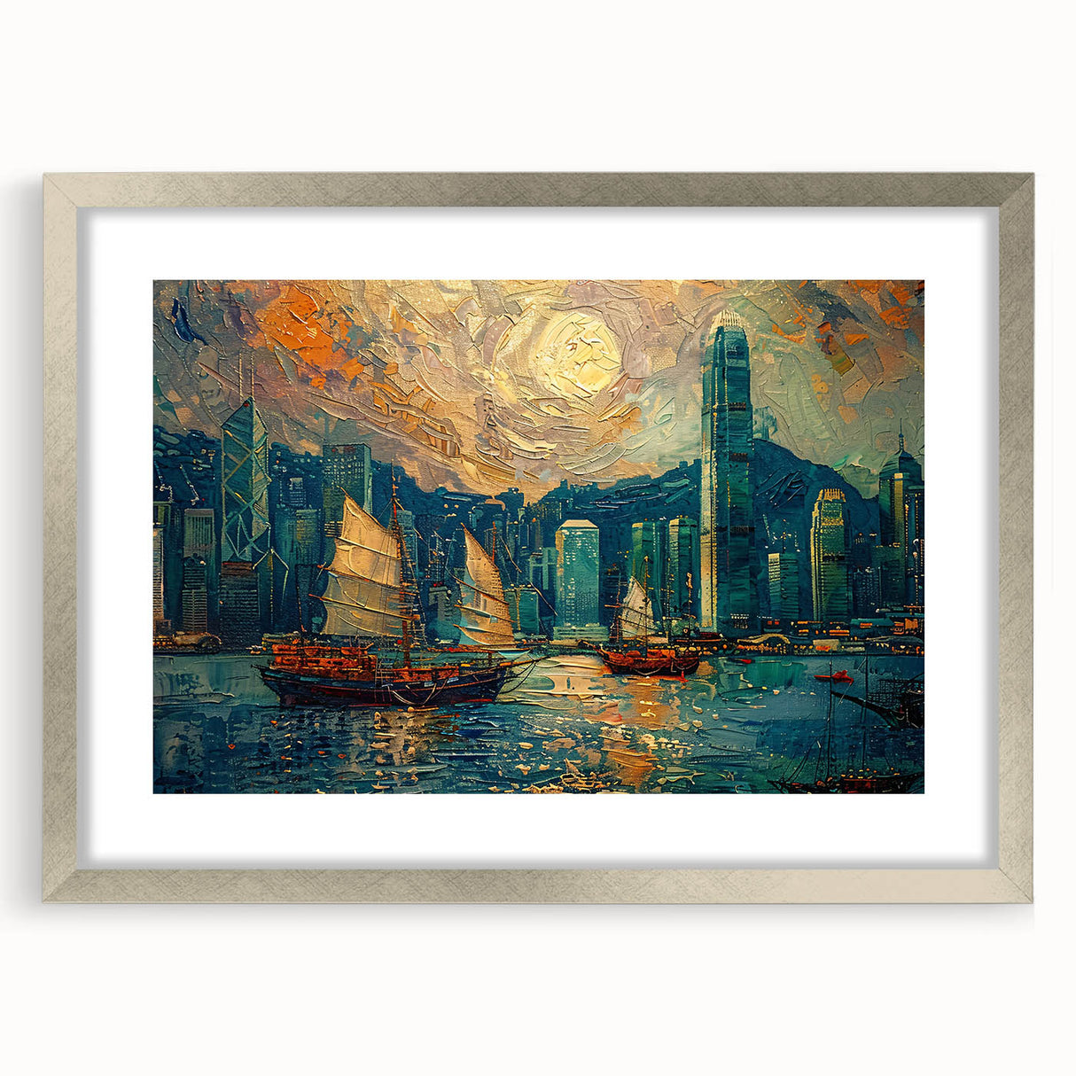 Abstract landscape wall art framed in silver with a mat, showcasing vibrant colors and dynamic shapes, perfect for modern home decor or office space enhancement.