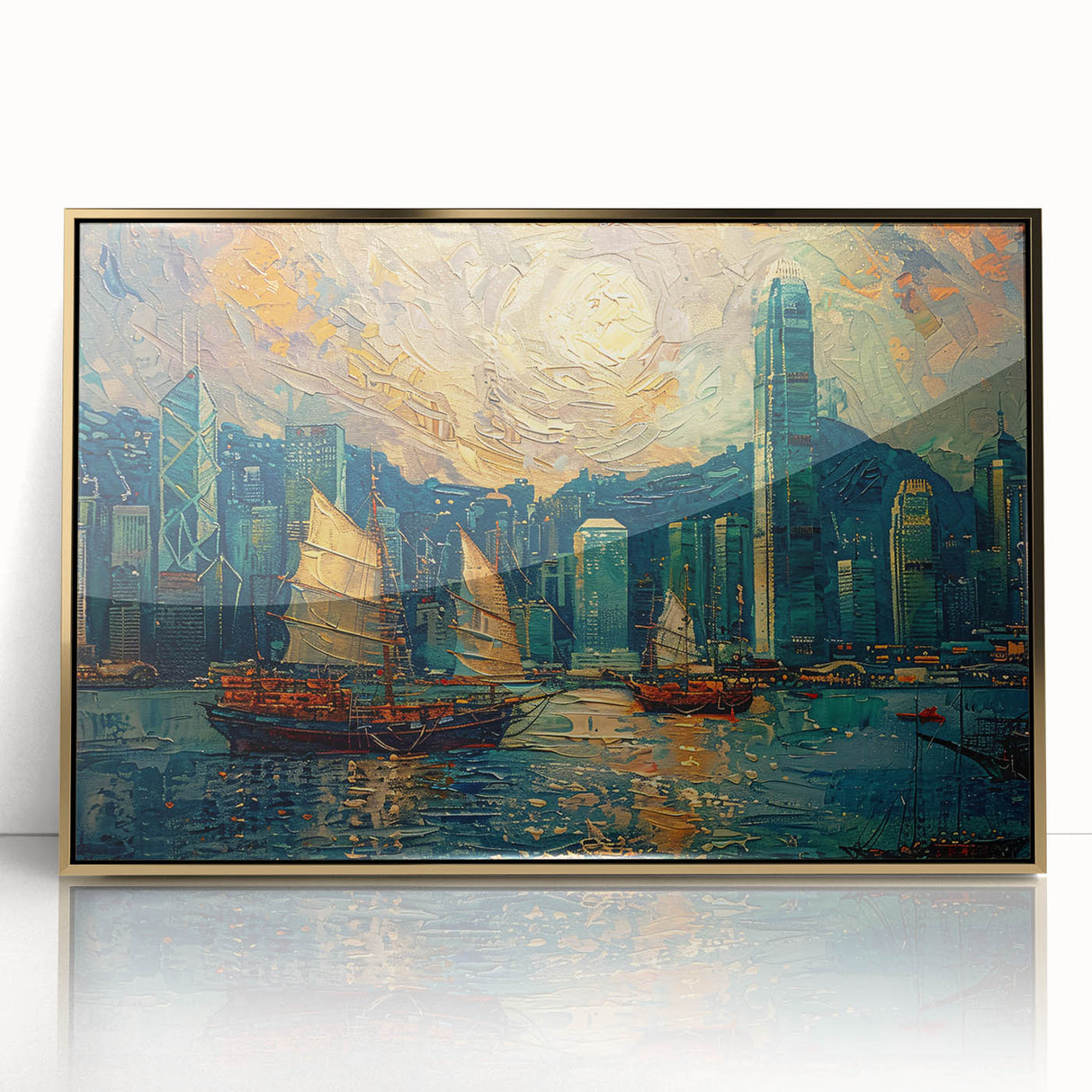 Framed acrylic wall art showcasing an abstract landscape design with gold accents, ideal for modern home decor. This elegant piece enhances any living space.