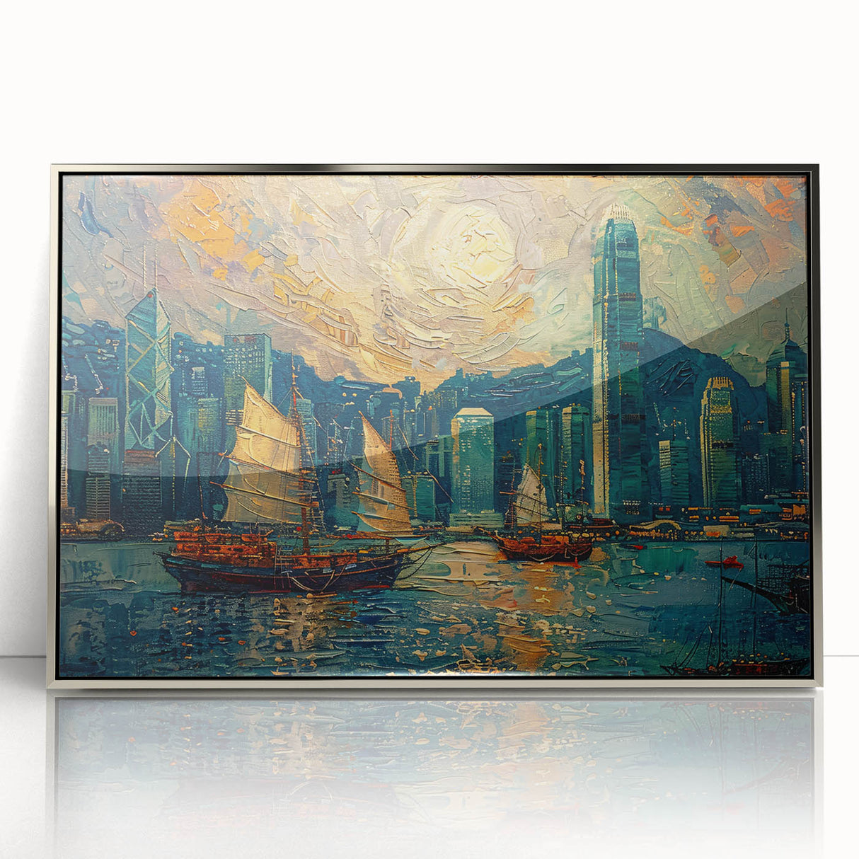 Framed acrylic wall art depicting a modern abstract landscape in silver tones, ideal for contemporary home decor, showcasing elegant lines and depth.