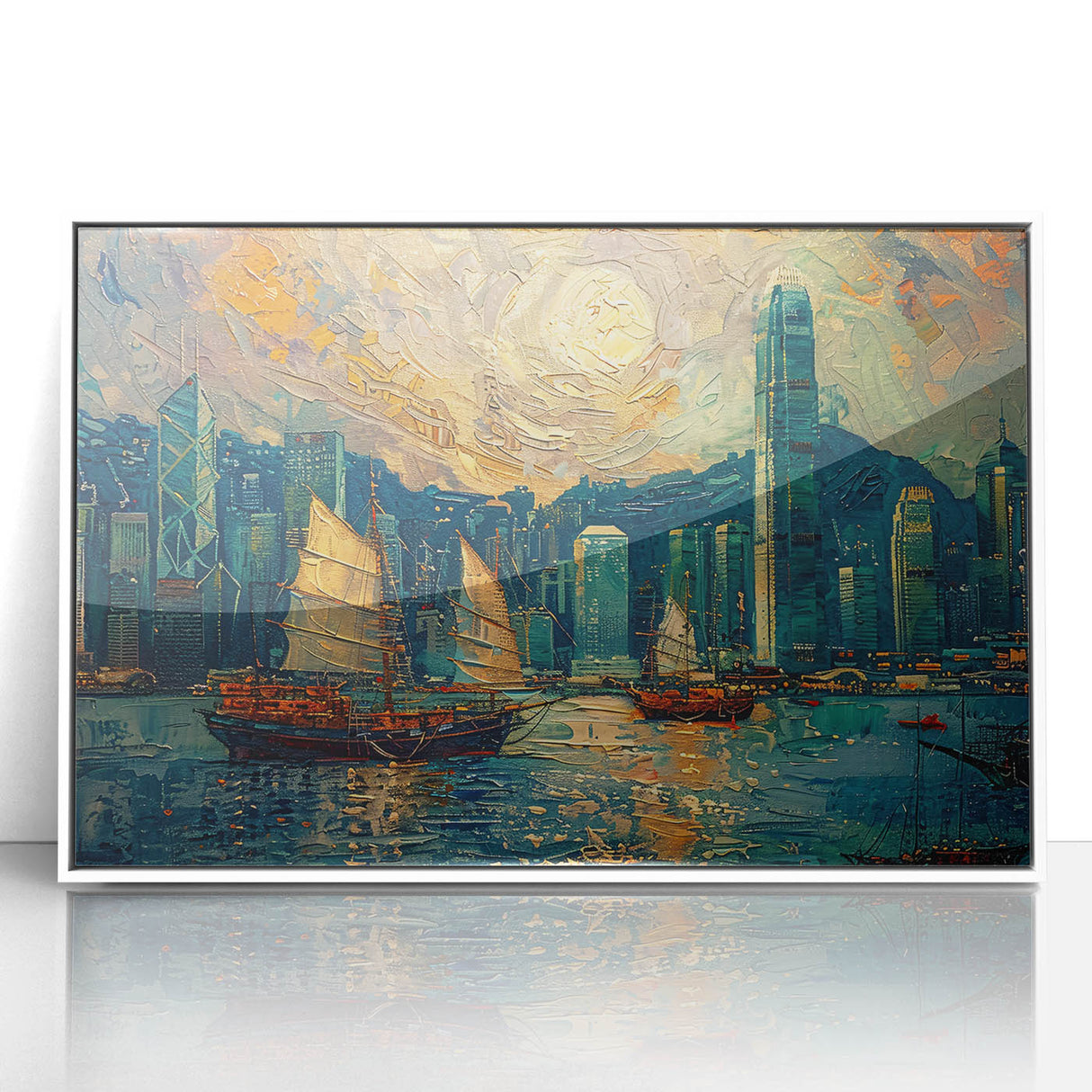 Framed abstract landscape wall art showcasing vibrant hues of blue, green, and white, designed to enhance modern home decor aesthetics. Ideal for living rooms or offices.