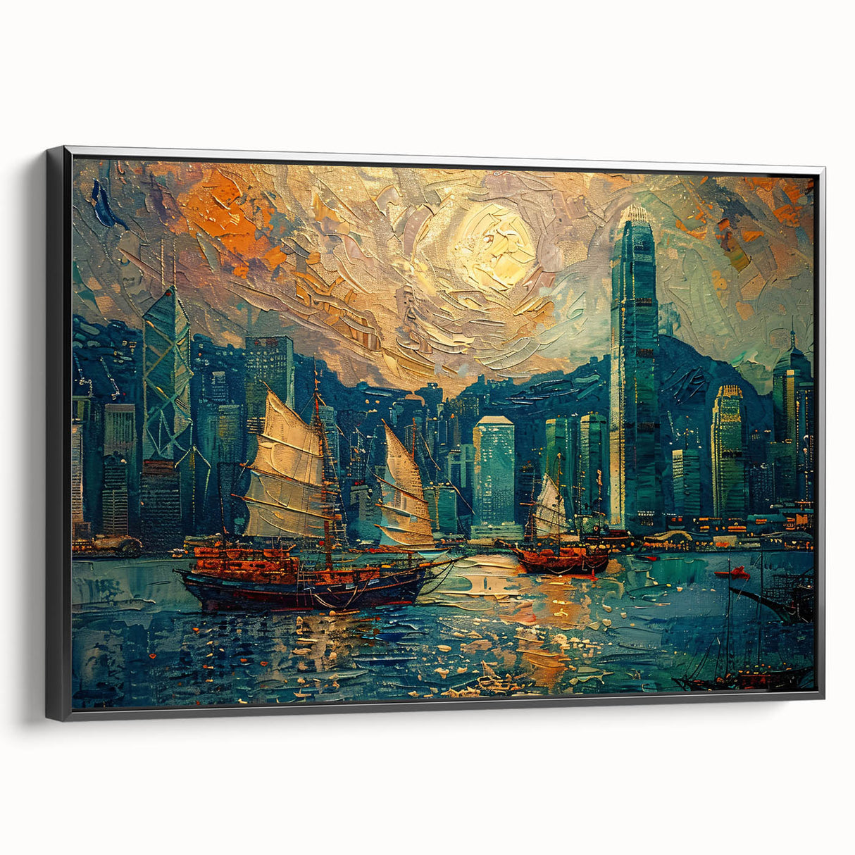 Framed abstract landscape wall art in black, showcasing vibrant colors and intricate patterns, ideal for modern home decor. Perfect for living rooms or office spaces.