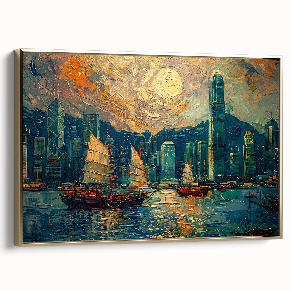 Framed abstract landscape wall art featuring gold accents and a modern design, showcasing a side view of the canvas against a neutral background. Ideal for contemporary home decor.