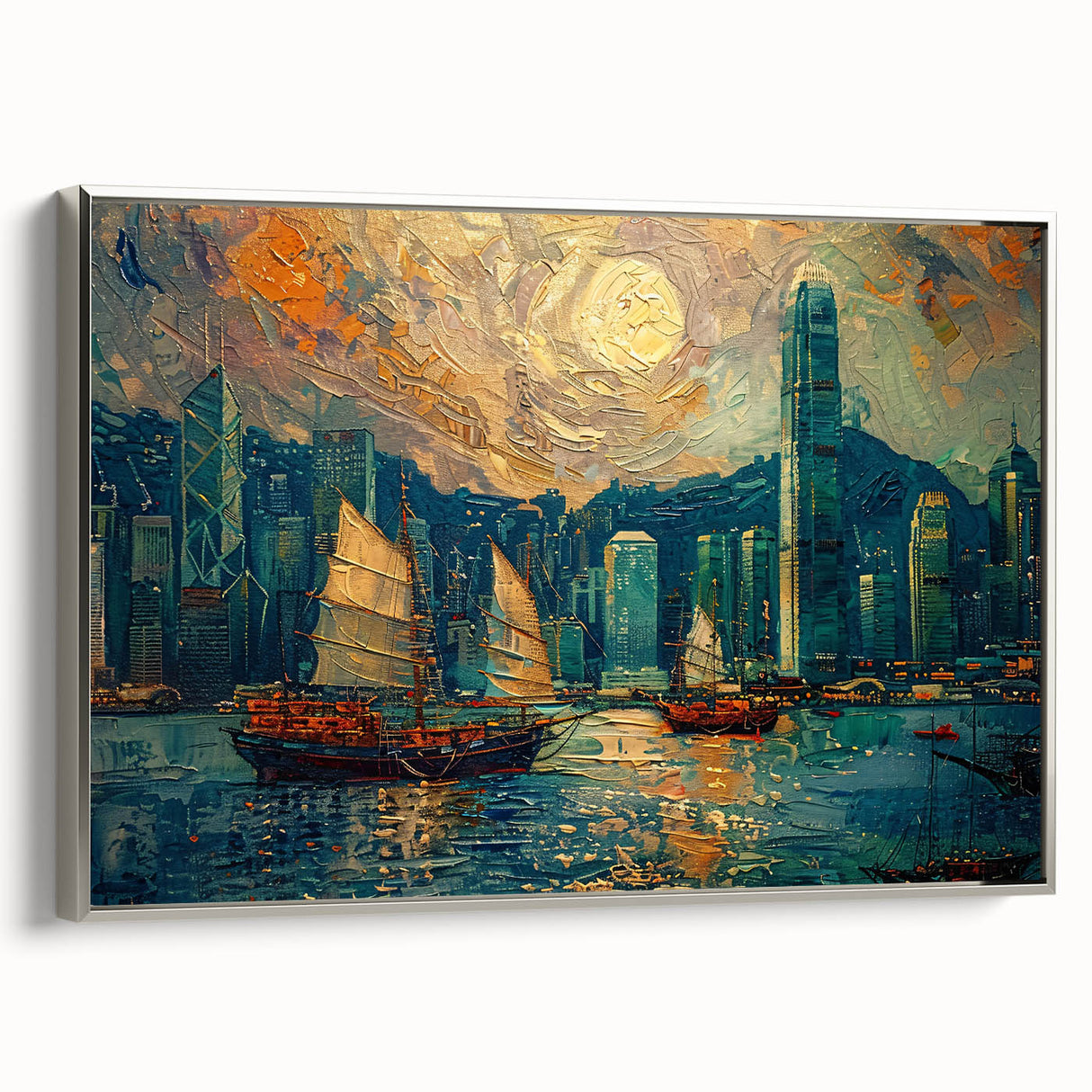 Framed abstract landscape wall art in silver, showcasing a modern design with vibrant colors and textures. Ideal for enhancing contemporary home decor.
