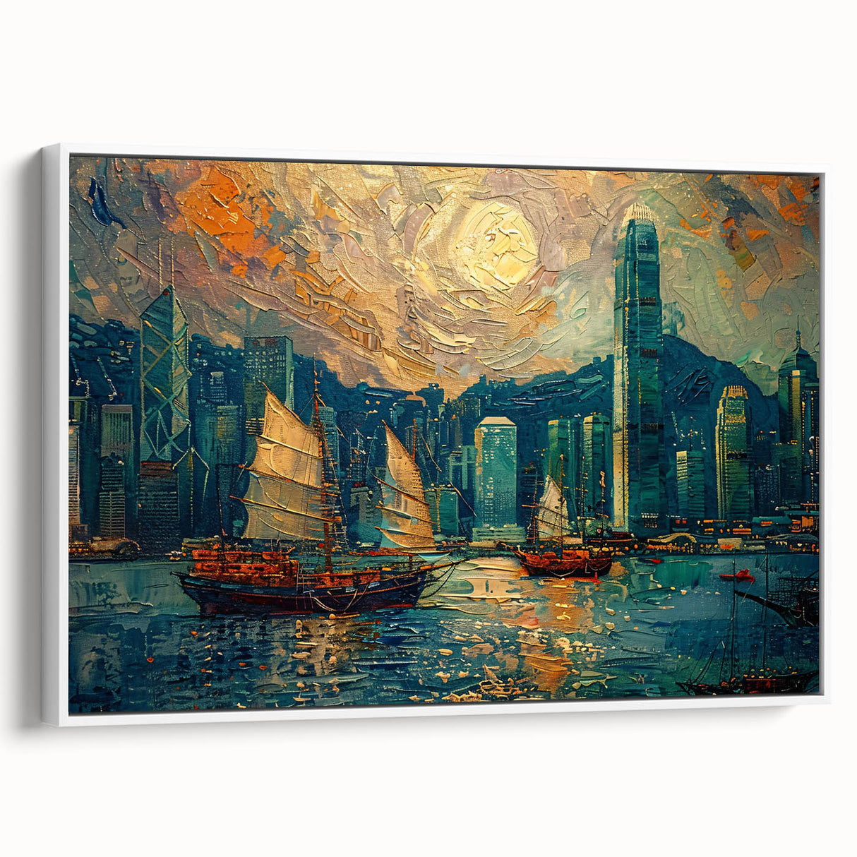 Framed canvas artwork displaying an abstract landscape in soothing pastel colors, showcasing a white frame and side view, ideal for modern home decor.