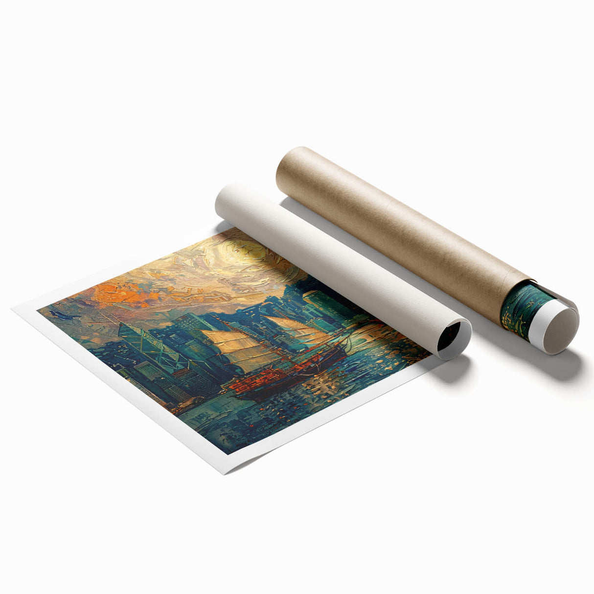 Abstract landscape wall art print showcasing vibrant colors and swirling patterns, rolled and ready for framing, ideal for modern home decor enthusiasts.