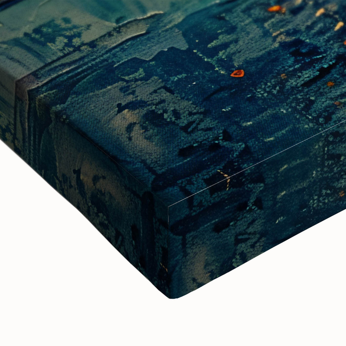 Close-up of a stretched canvas artwork depicting an abstract landscape with vibrant colors and intricate textures, ideal for modern home decor.