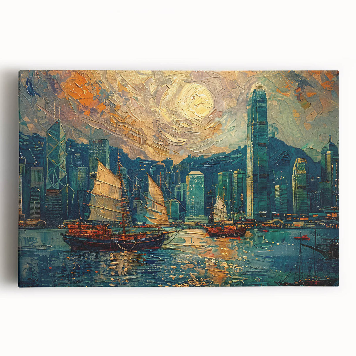 Abstract landscape wall art on stretched canvas, showcasing vibrant hues of blue and orange with intricate details, perfect for modern home decor.