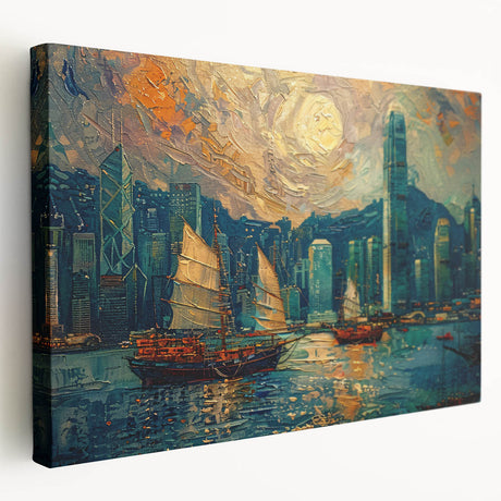 Stretched canvas of an abstract landscape art piece showcasing vibrant colors and dynamic shapes, perfect for modern home decor. Side view highlights its sleek edges and quality craftsmanship.