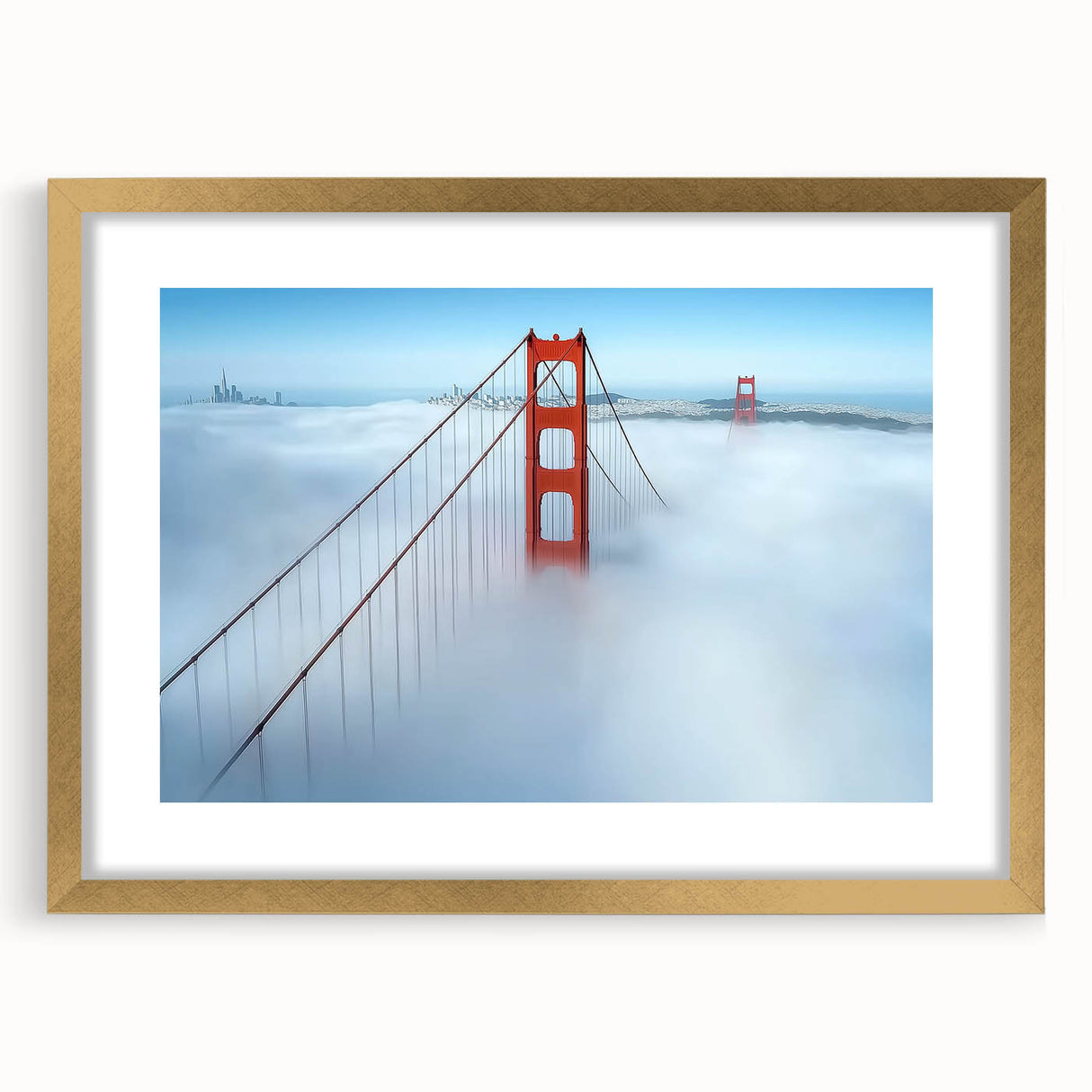 Elegant gold-framed landscape bridge artwork with a white mat, showcasing intricate details and a serene natural scene, perfect for home decor or office settings.