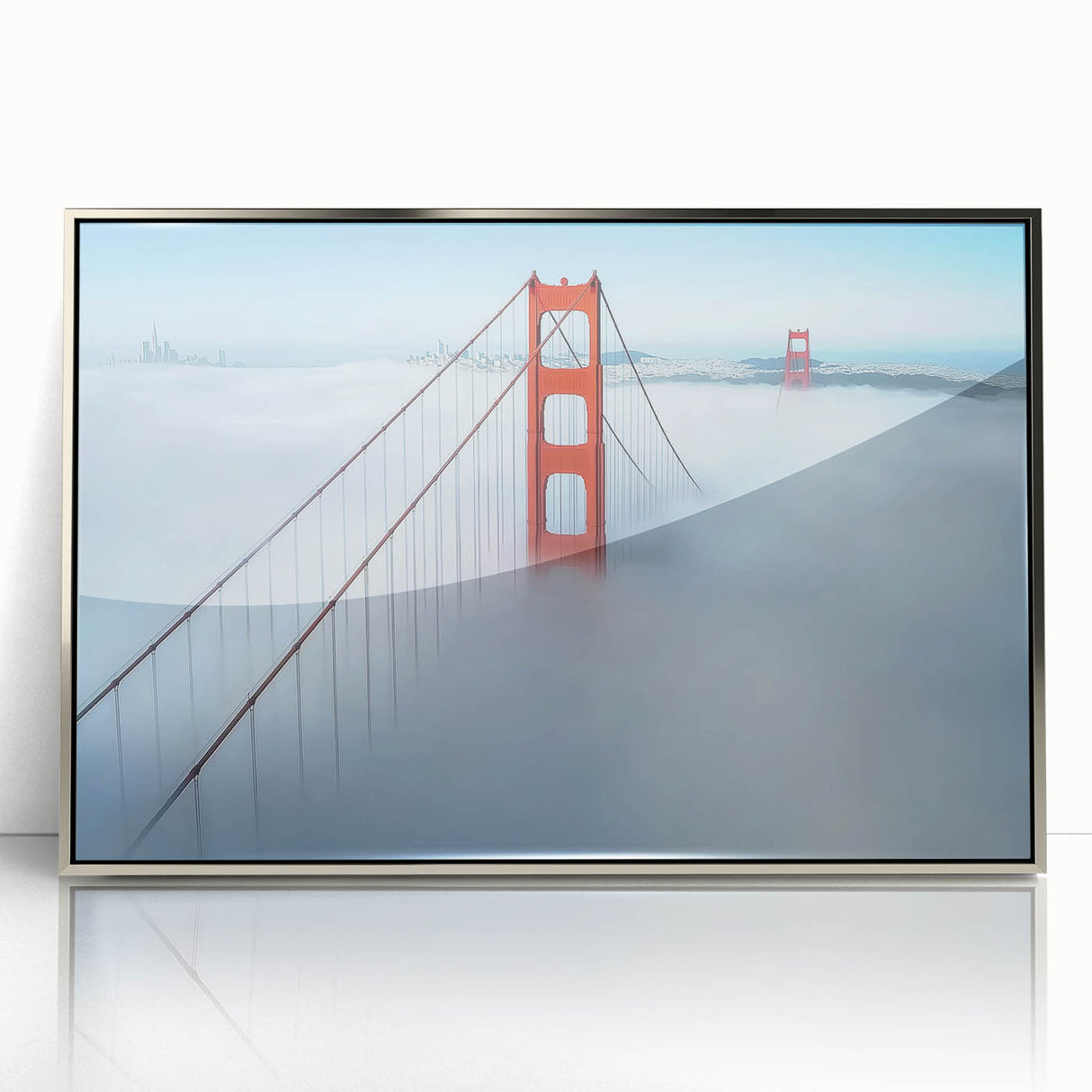 Framed acrylic artwork of a landscape bridge scene with silver accents, showcasing intricate details and vibrant colors, perfect for modern home decor.