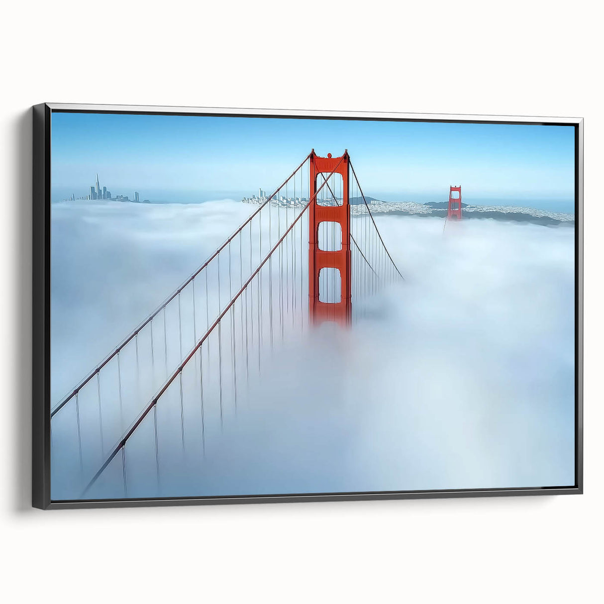 Framed canvas artwork of a landscape bridge in black, showcasing a side view with intricate details and vibrant colors, perfect for home decor and art collectors.