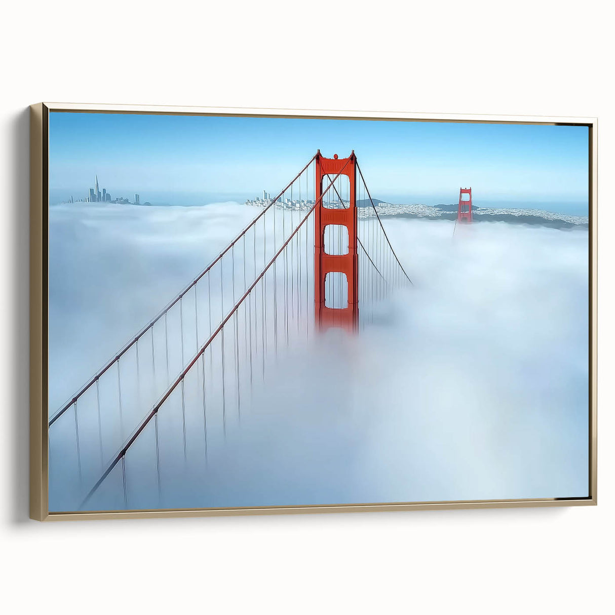 Framed canvas artwork depicting a landscape bridge in gold tones, elegantly showcased from the side, perfect for enhancing home decor with a touch of luxury. Ideal for art enthusiasts and interior design aficionados.