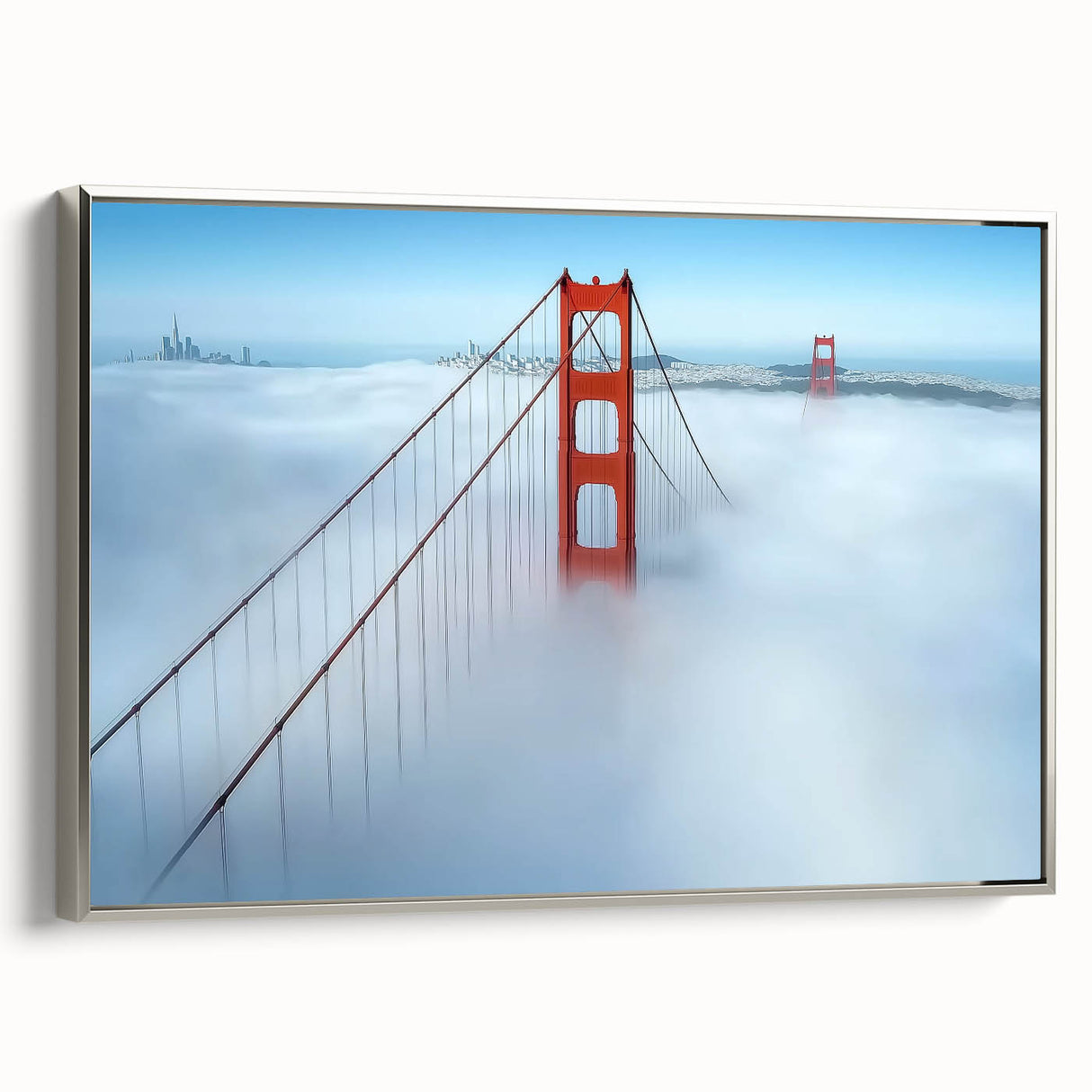 Framed canvas artwork depicting a serene landscape bridge with silver accents, showcasing vibrant natural colors and intricate detailing, ideal for home decor.