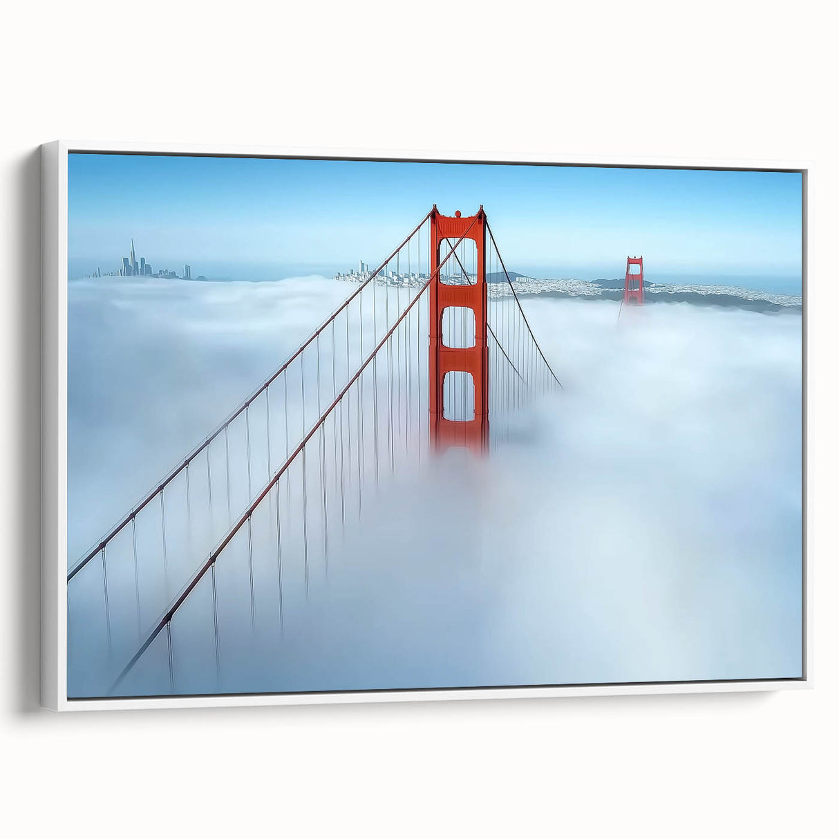 Framed canvas artwork of a serene landscape bridge scene, showcasing vibrant colors and intricate details, displayed in a white frame against a neutral background.