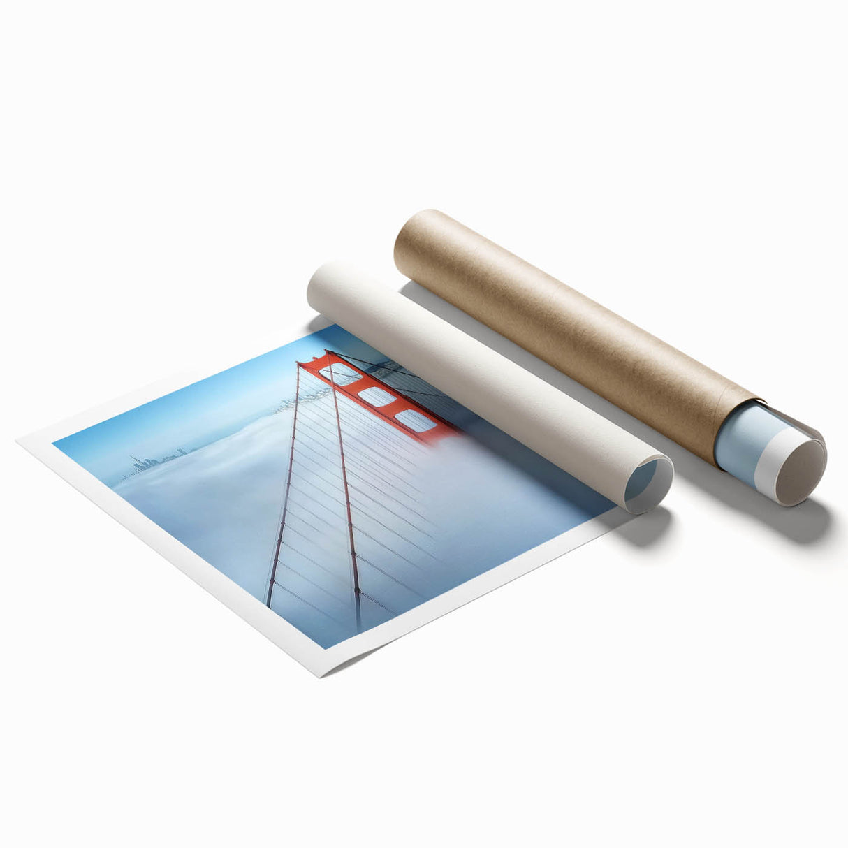 Landscape bridge rolled print showcasing intricate details of the bridge's structure and surrounding scenery, elegantly packaged in a protective cardboard tube for safe shipping. Perfect for art enthusiasts and home decor lovers.