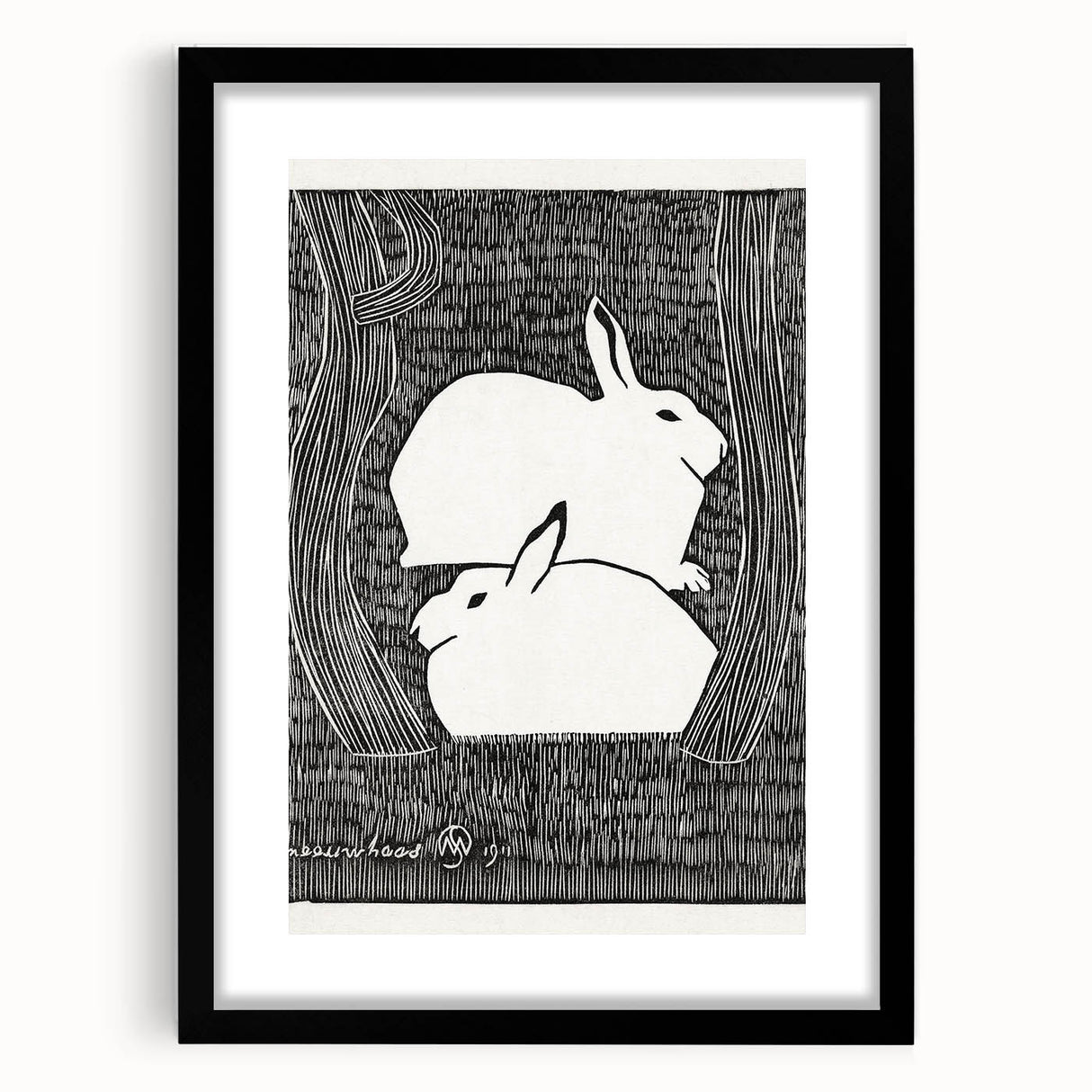 Minimalist Snow Hares Wall Art - Monochrome Animal Art Print