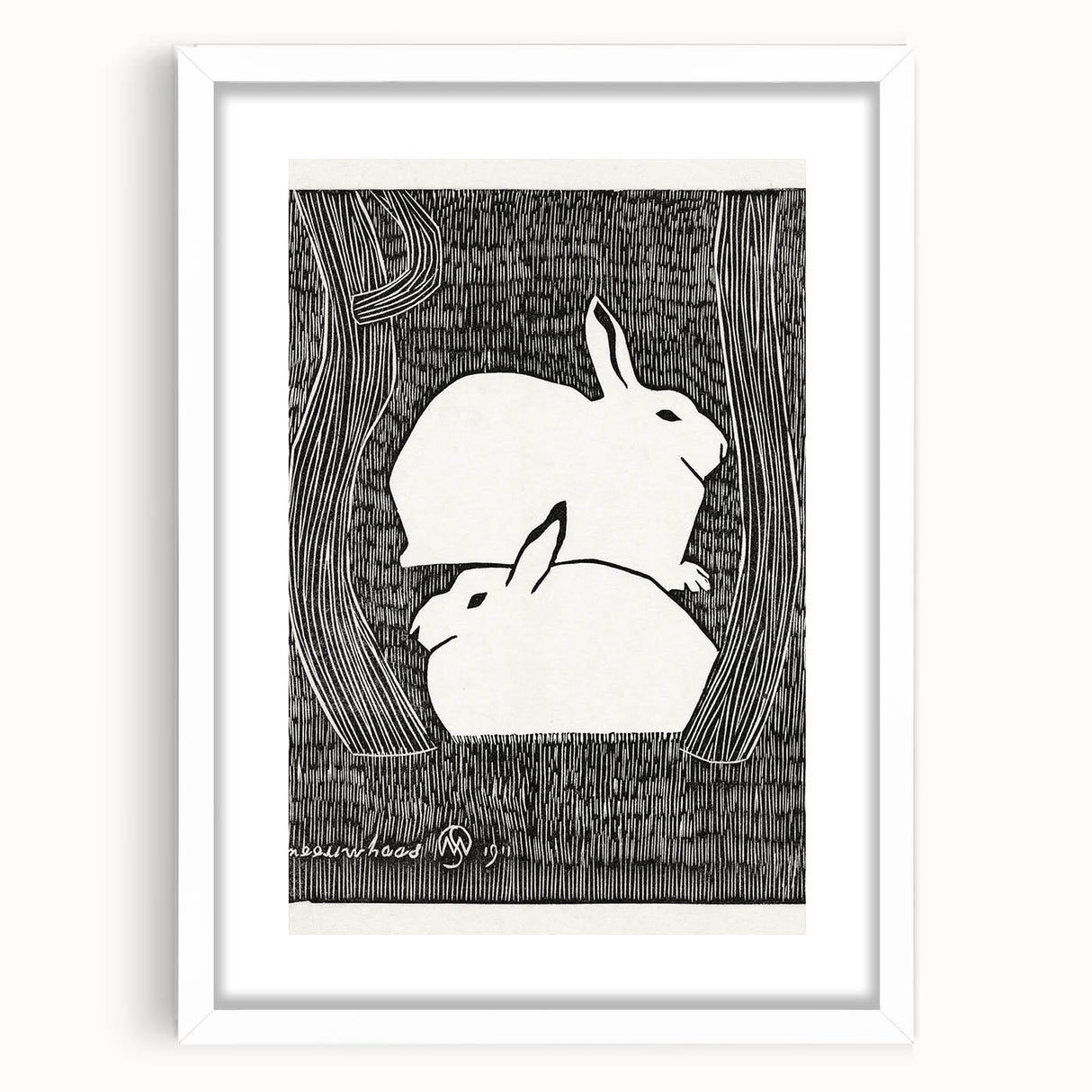 Minimalist Snow Hares Wall Art - Monochrome Animal Art Print