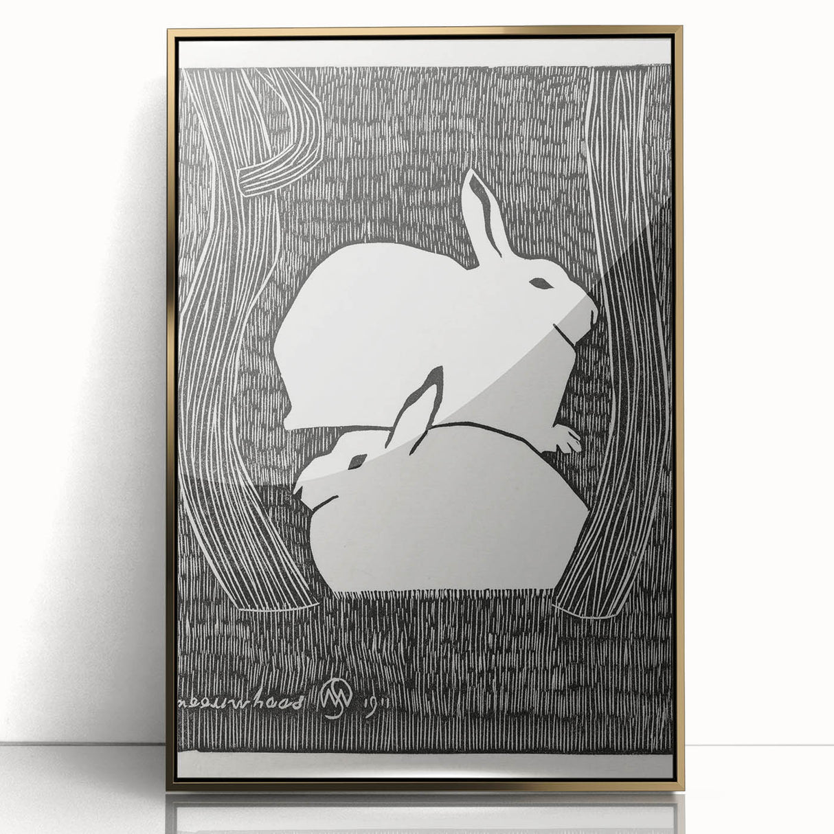 Minimalist Snow Hares Wall Art - Monochrome Animal Art Print
