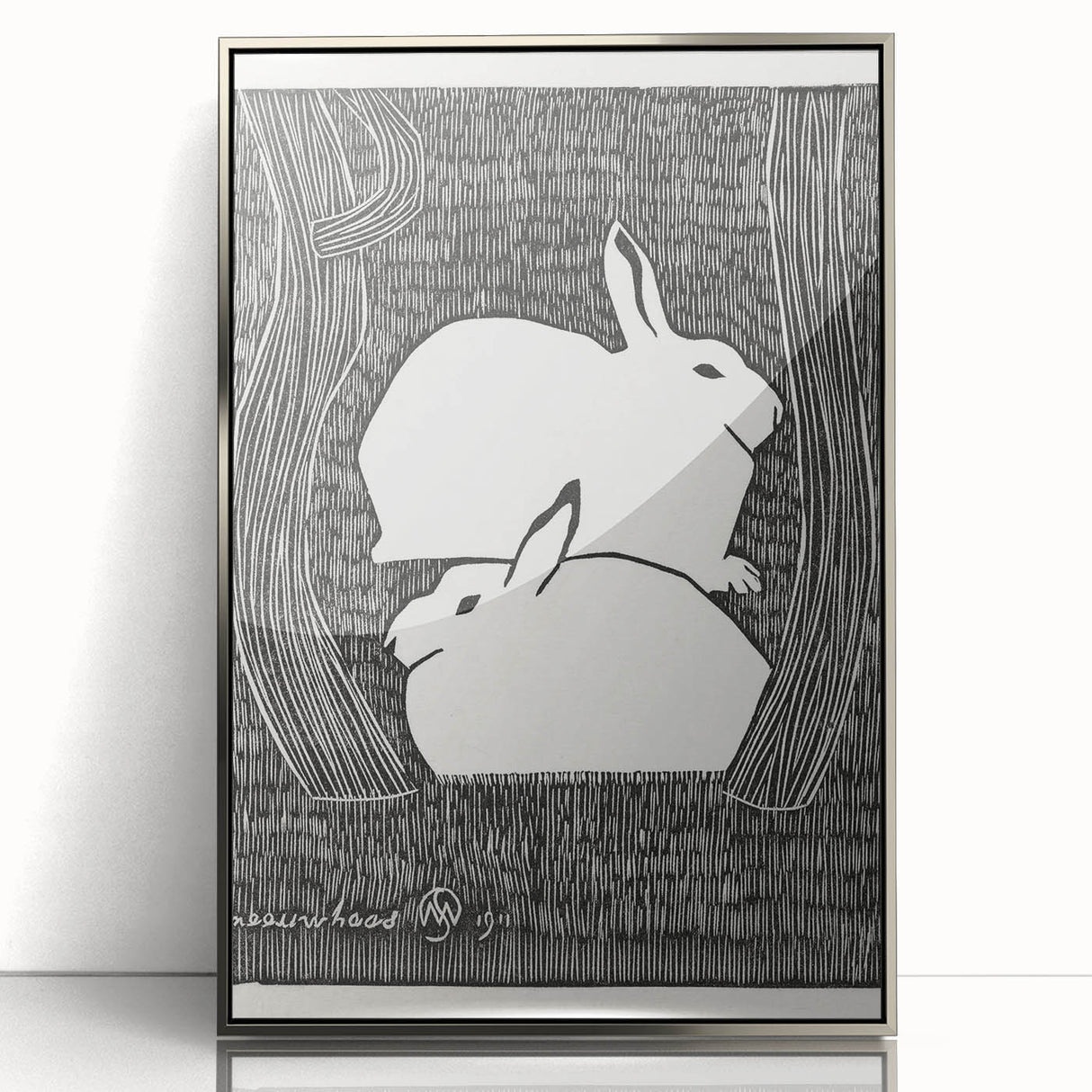 Minimalist Snow Hares Wall Art - Monochrome Animal Art Print