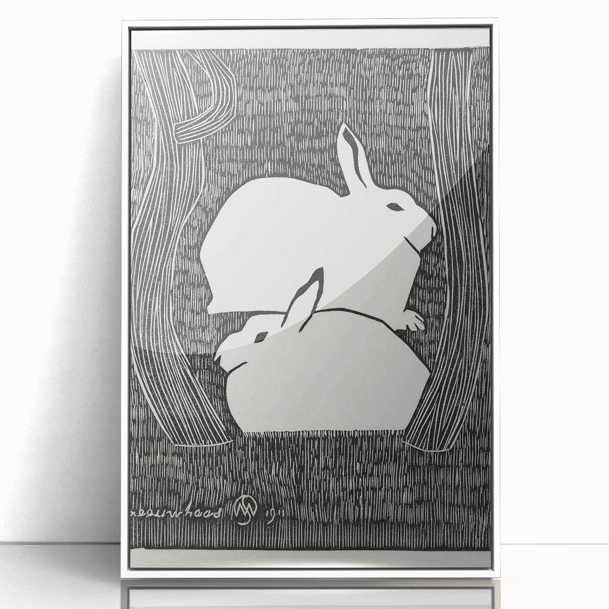 Minimalist Snow Hares Wall Art - Monochrome Animal Art Print