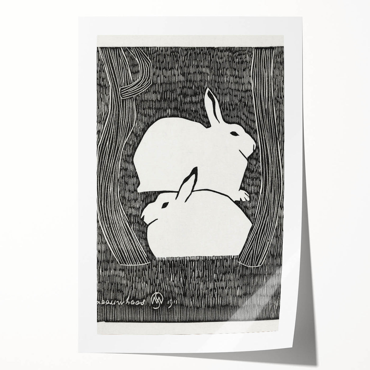 Minimalist Snow Hares Wall Art - Monochrome Animal Art Print