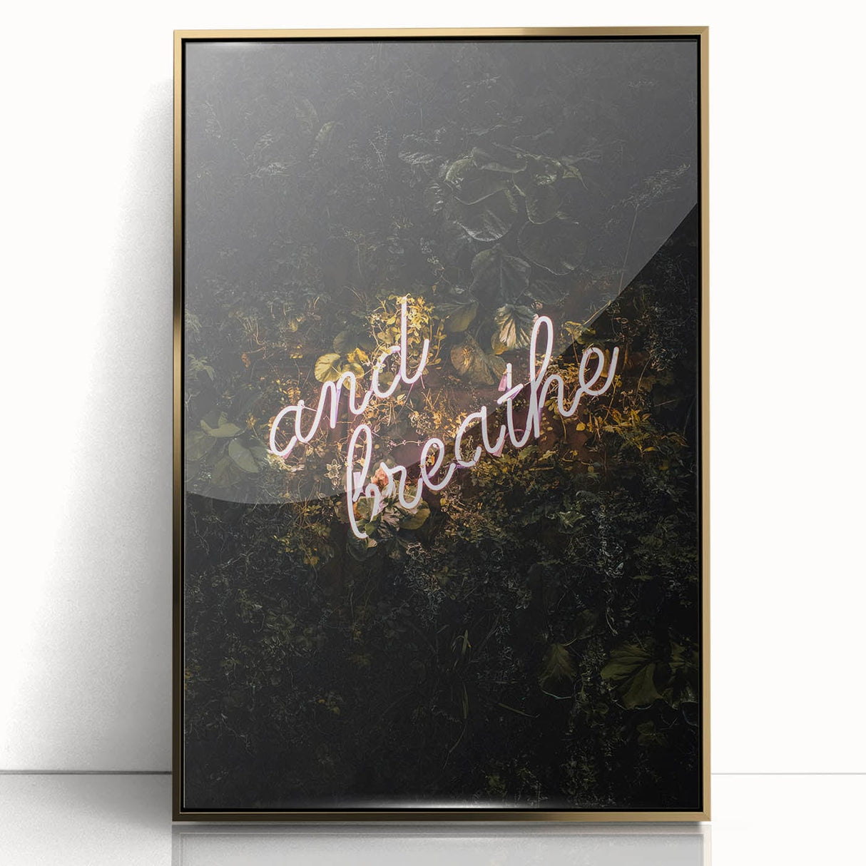 Mid-century modernist large art print of an abstract fall scene in gold and orange tones, framed acrylic.