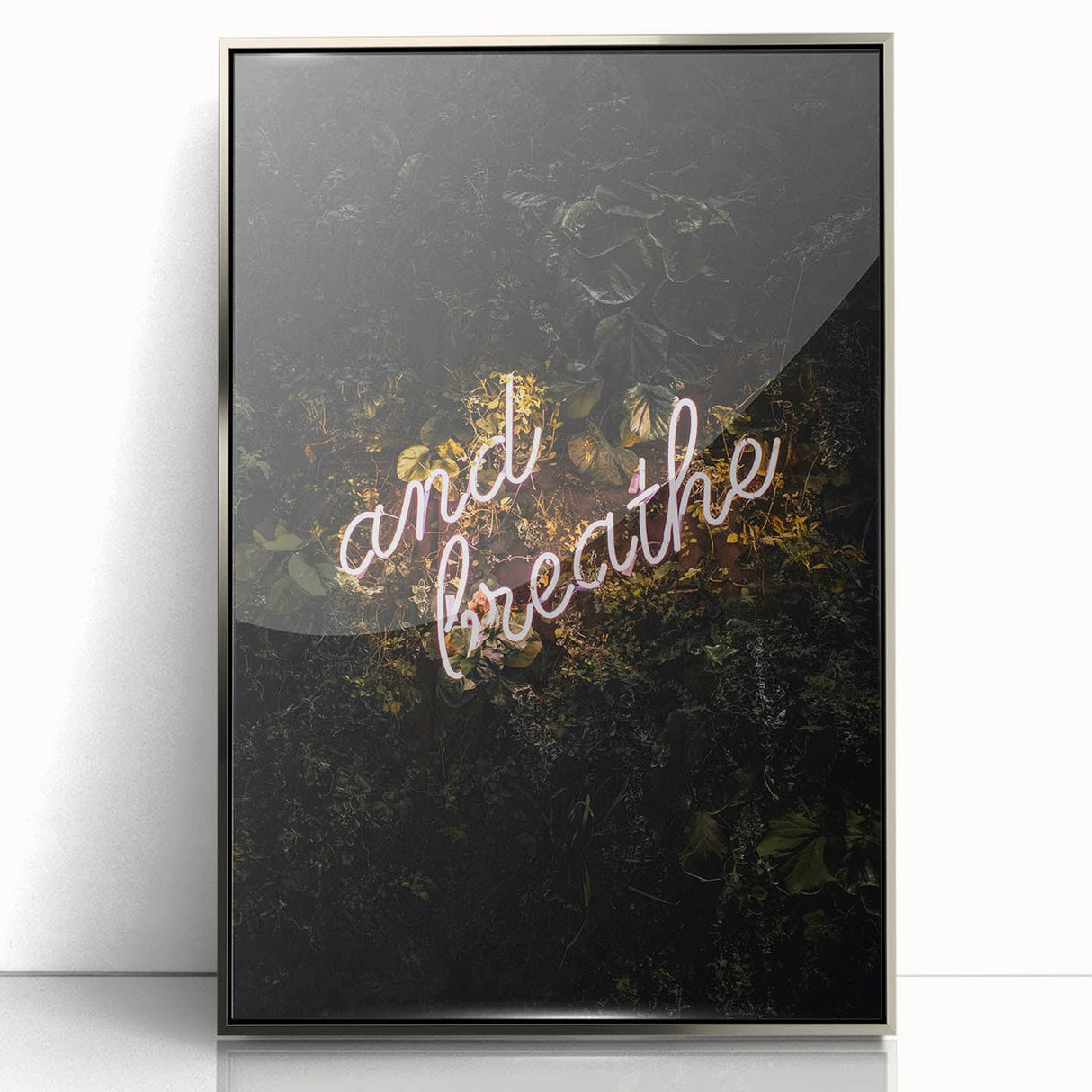 Mid-century modernist art depicting an abstract fall scene in warm orange and brown tones, framed in silver acrylic.