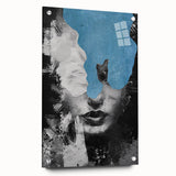 Abstract figurative acrylic artwork displayed in a glass frame, showcasing vibrant colors and intricate designs, with decorative pins enhancing its aesthetic appeal.