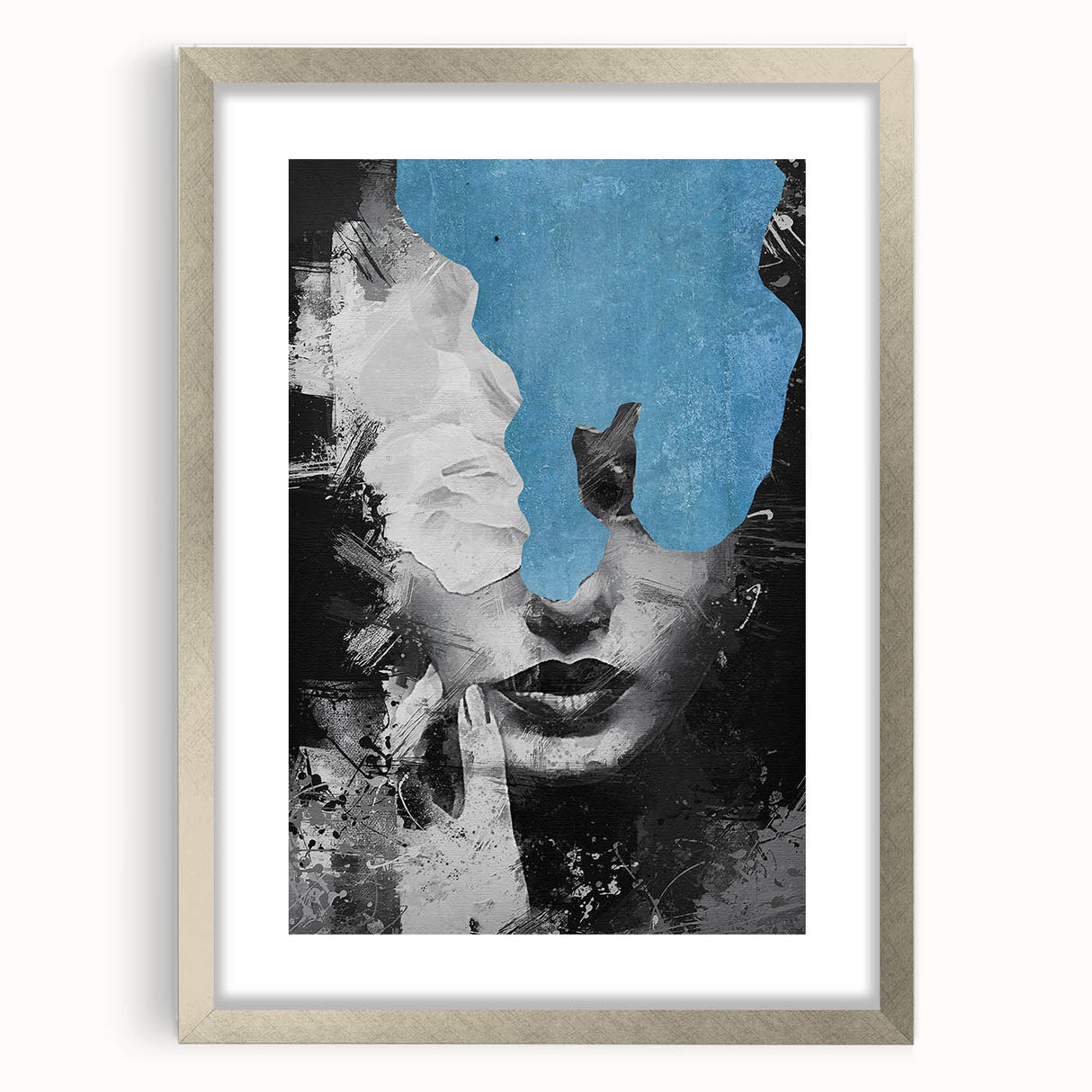 Abstract figurative artwork framed in silver with a mat, showcasing vibrant colors and dynamic shapes, perfect for modern home decor accents.
