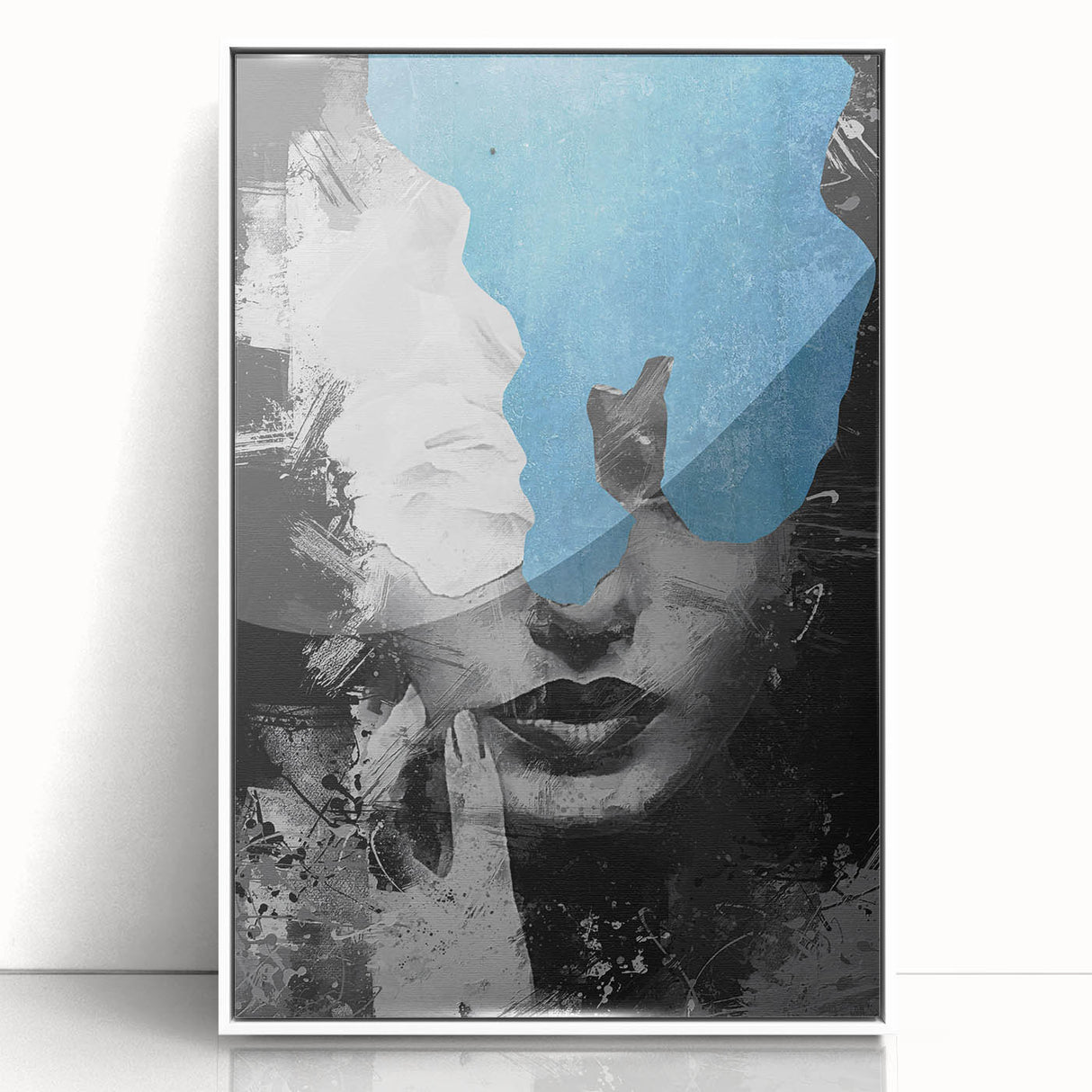 Framed acrylic artwork featuring an abstract figurative design with soft white and gray tones, set against a clean background, ideal for modern decor.