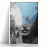 Framed acrylic artwork featuring an abstract figurative design with soft white and gray tones, set against a clean background, ideal for modern decor.