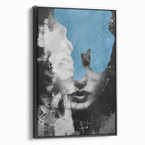 Abstract figurative framed canvas artwork showcasing dynamic shapes in black tones, viewed from the side, ideal for modern home decor and art enthusiasts.