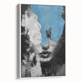 Framed abstract figurative wall art depicting fluid shapes in muted colors, showcasing a white frame and side profile view, ideal for modern decor.