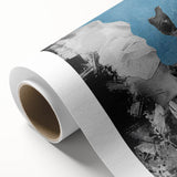 Abstract figurative rolled canvas art showcasing vibrant colors and dynamic shapes, elegantly packaged in a protective cardboard tube for safe transport.