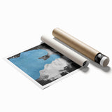 Abstract figurative rolled print showcasing vibrant colors and dynamic shapes, elegantly packaged in a protective cardboard tube, ideal for contemporary home decor.