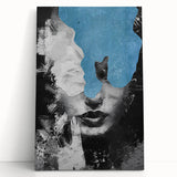 Abstract figurative stretched canvas art piece showcasing vibrant colors and dynamic shapes, leaning against a neutral wall, perfect for modern decor.