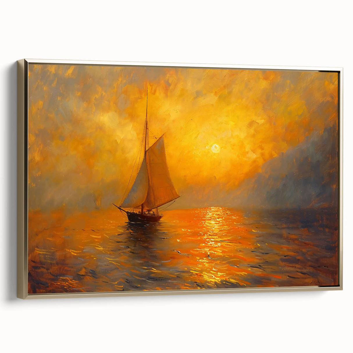 Framed canvas artwork showcasing an abstract landscape design with gold accents, viewed from the side to highlight the frame's elegant finish, ideal for modern home decor.