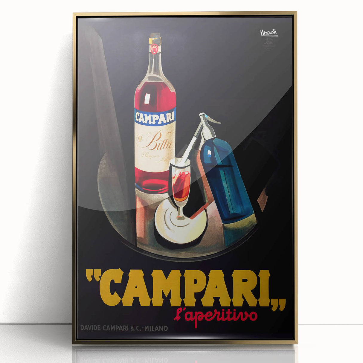 Large art print of a mid-century modernist food and drink motif in gold tones on framed acrylic.