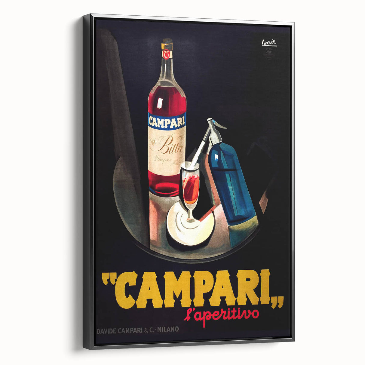 Black and white vintage poster art on framed canvas, depicting an elegant food and drinks scene.